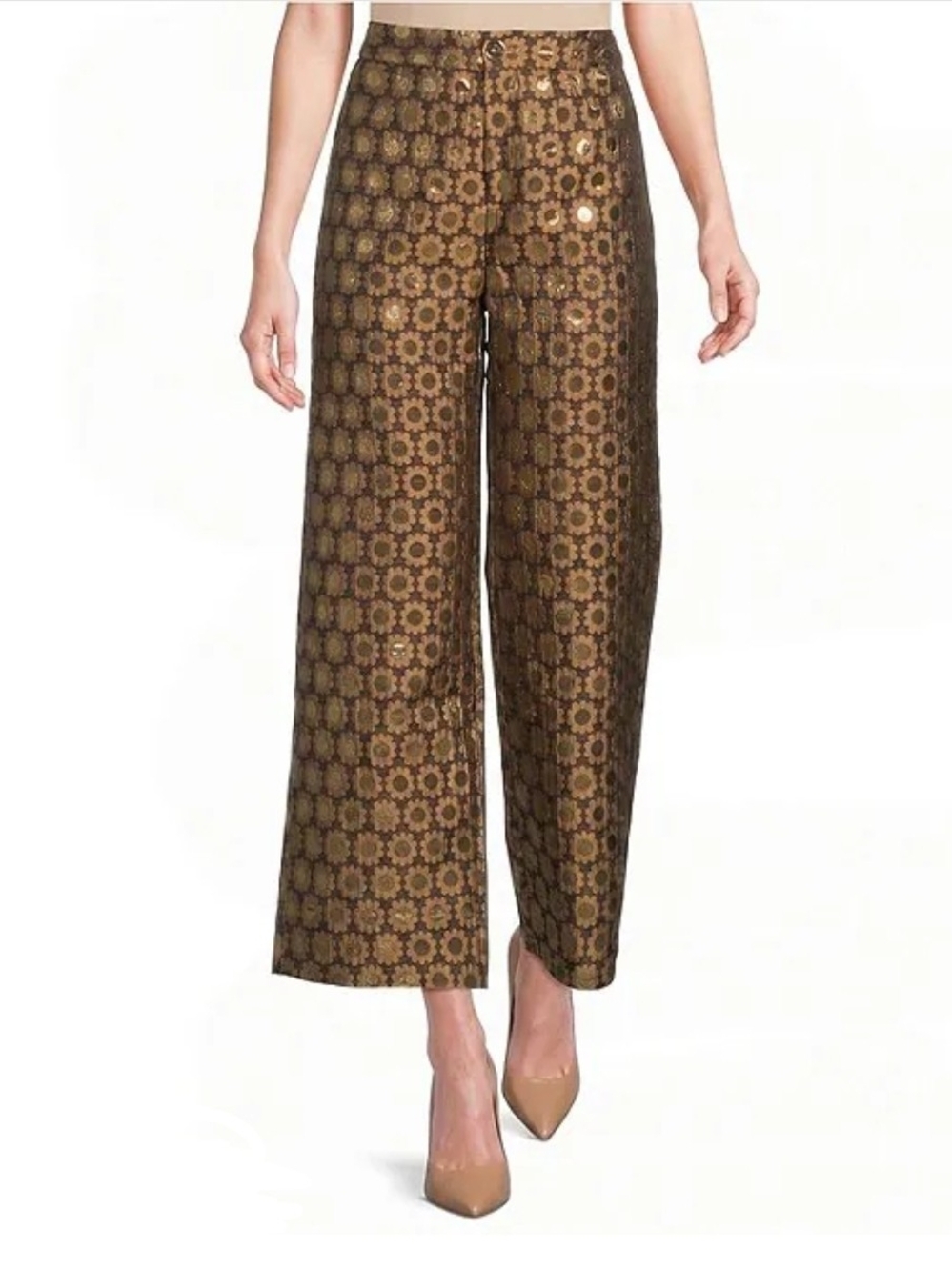 NWT Buru Womens Metallic Brocade Wide-Leg Ankle Length Pants in Gold Brown Sz XS